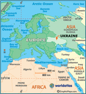 The actual location of Ukraine on a map