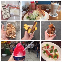 I tried the famous fried octopus ball! Also found a peanut butter sandwich, coffee in a juice box, a hot dog, shaved ice, and fried sweet potato wedges. Japan makes THE BEST fried chicken.